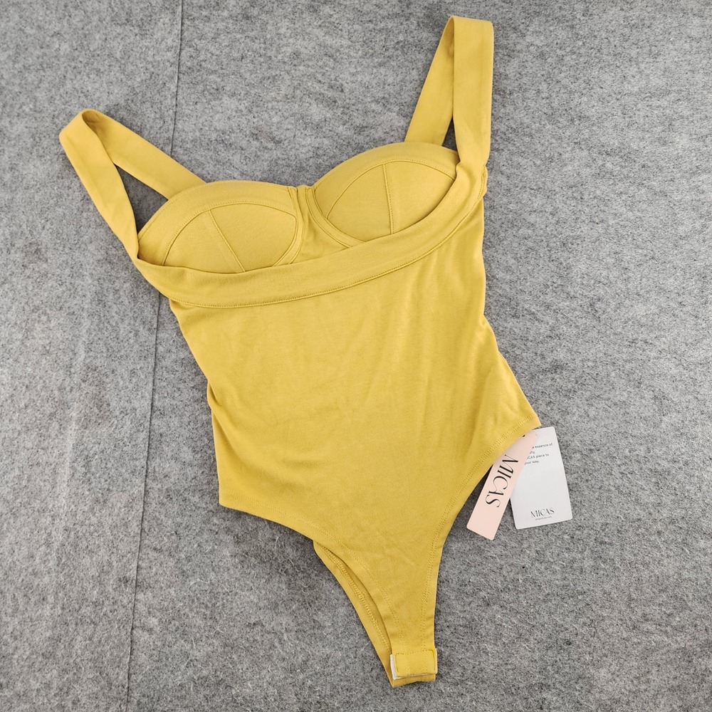NWT MICAS Yellow Bustier Bodysuit Ribbed Thong Snap Crotch Women Size S